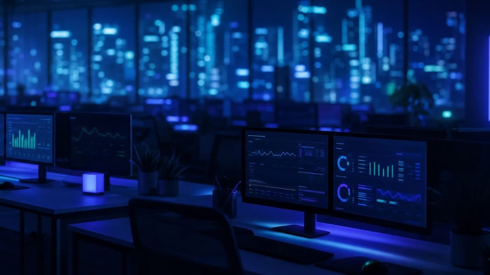 夜景を望むオフィスにダッシュボードを映すモニターが並ぶ、無人のサポートフロアの写実イメージ