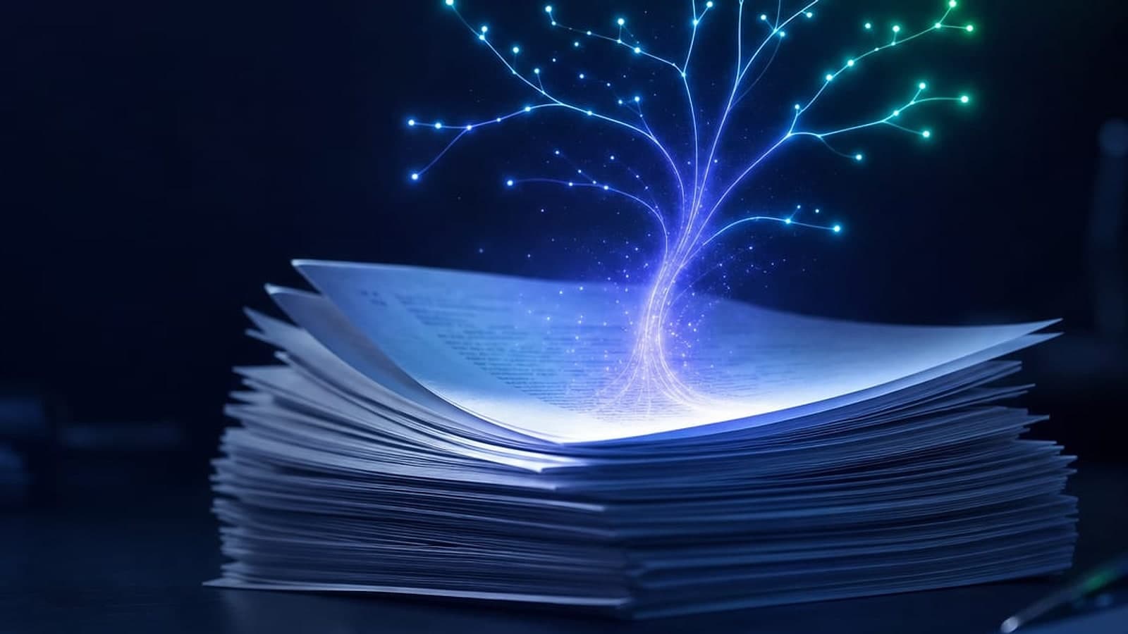 紙の文書から構造化された光のツリーが立ち上がる写実イメージ